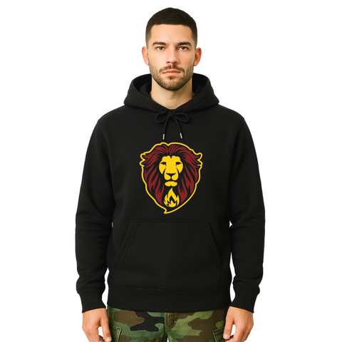 Person wearing a black hoodie with an embroidered lion logo on a white background